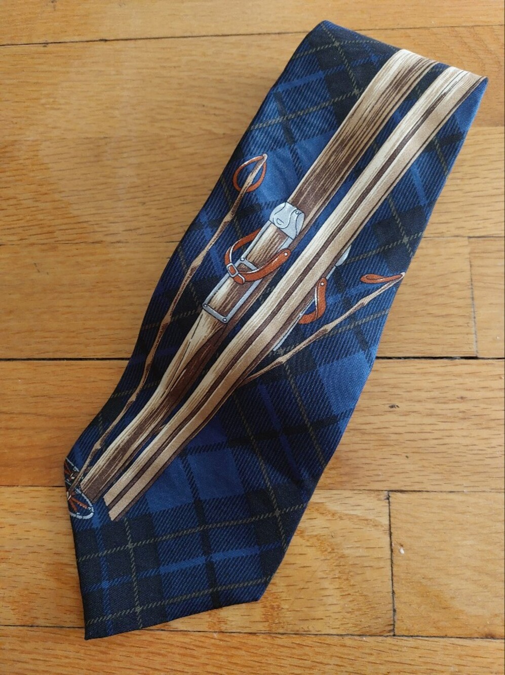 Tommy Hilfiger Preppy Blue and Black Plaid Ski Motif Silk Tie